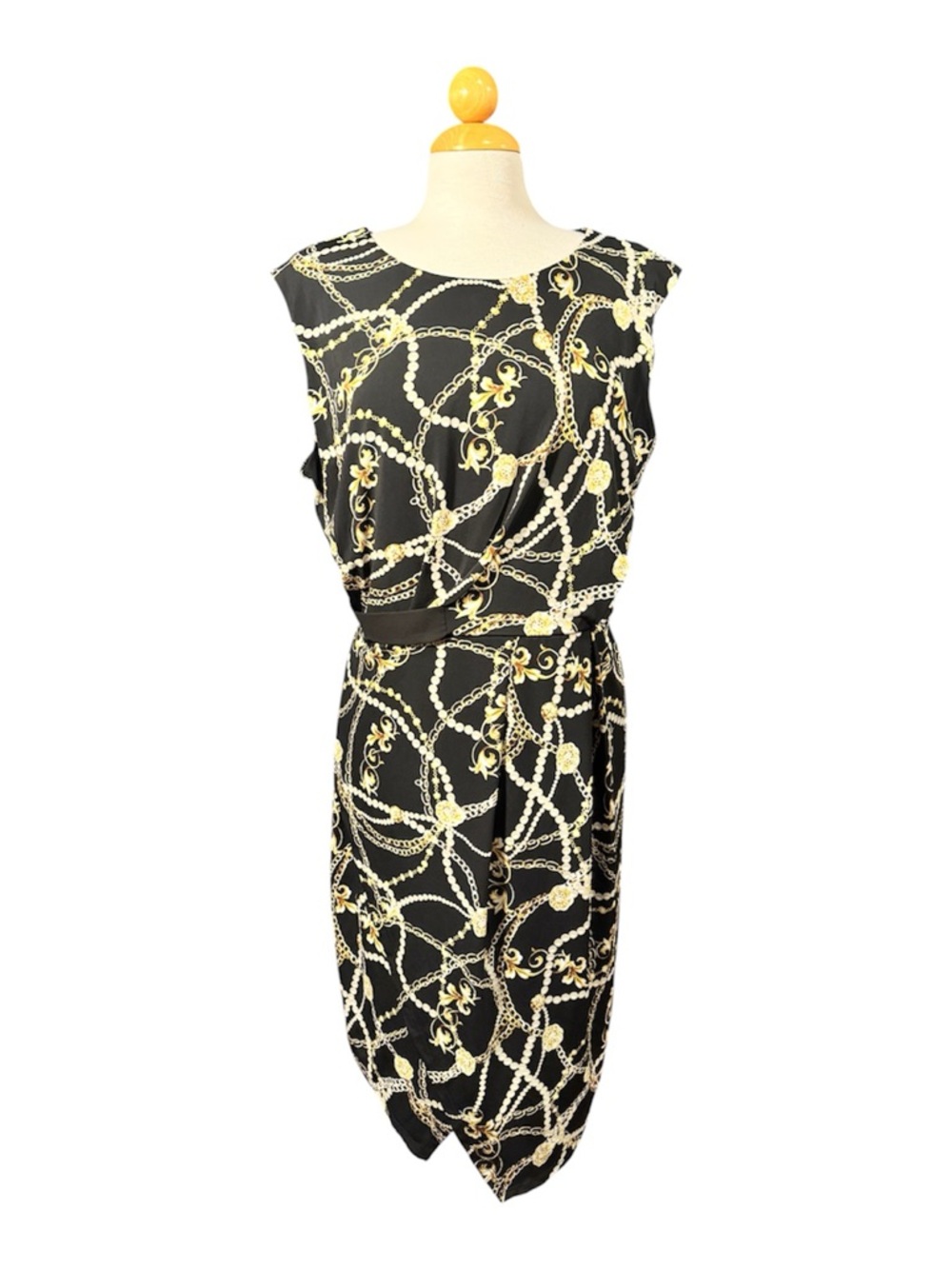 Sleeveless Black Dress with Gold Chain Print